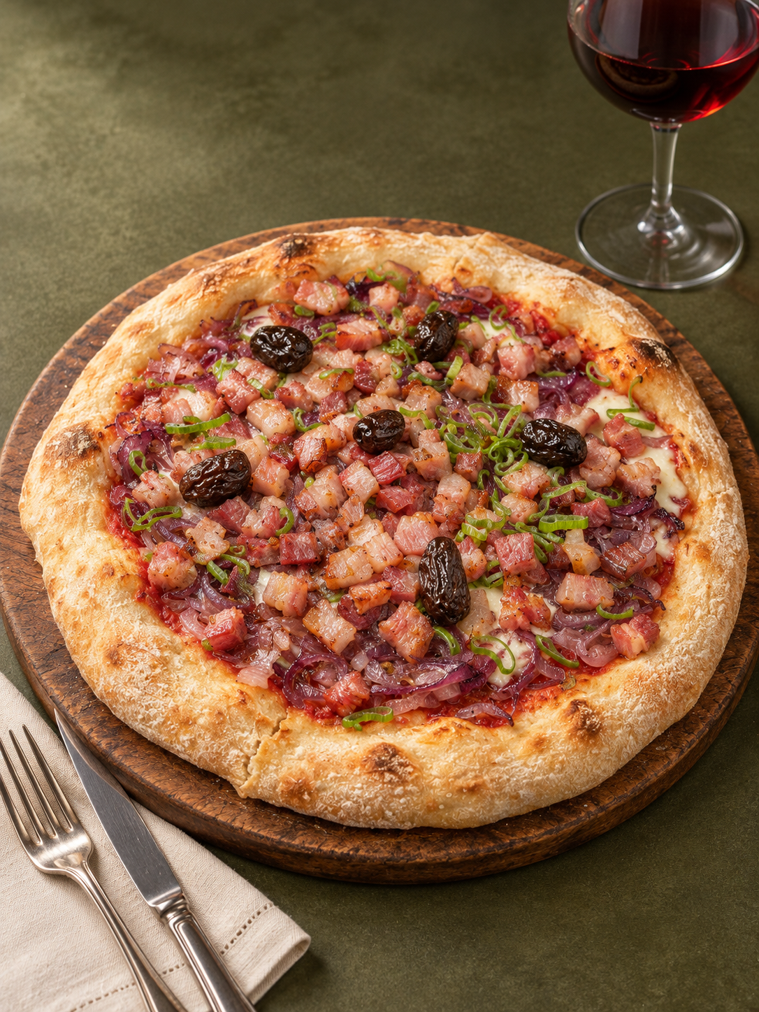 Pizza de panceta, cebolla caramelizada y verdeo