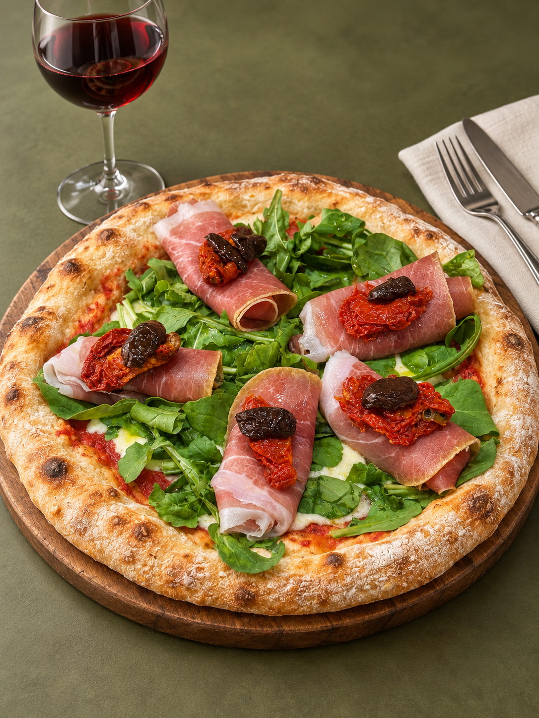 Pizza de jamón crudo, rúcula y tomates secos